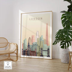 London skyline print wall art in pastel tones featuring iconic landmarks like Big Ben and The Shard.