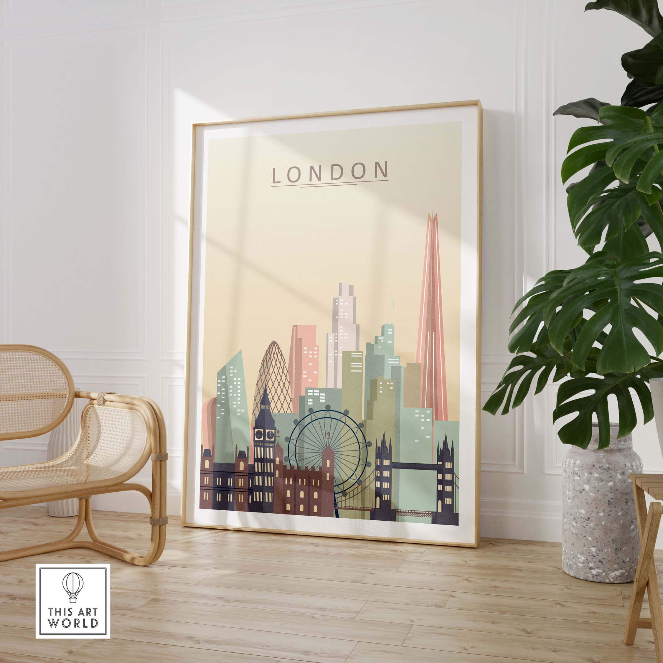 London skyline print wall art in pastel tones featuring iconic landmarks like Big Ben and The Shard.