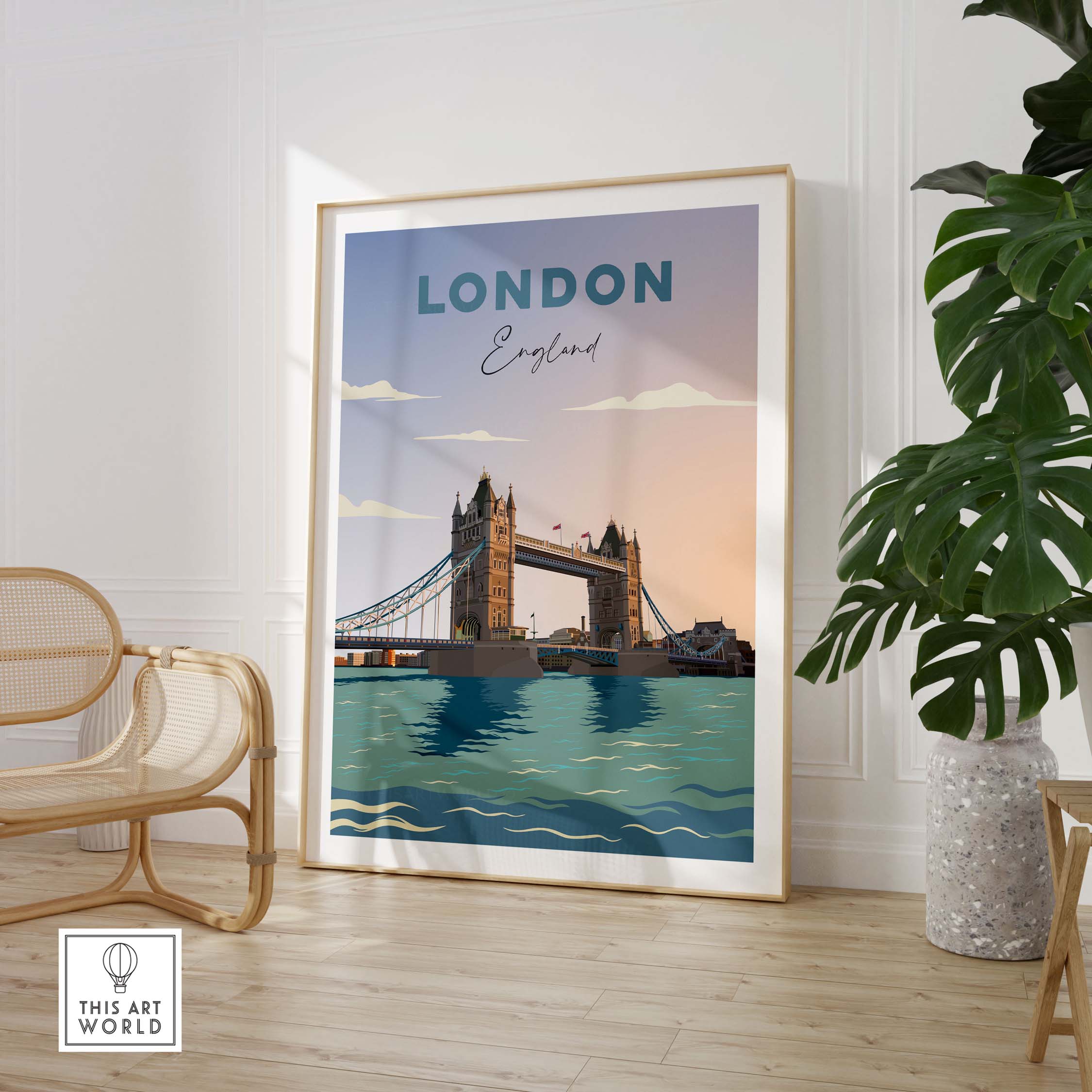 London travel poster print featuring Tower Bridge in a minimalist style, perfect for home or office decor.