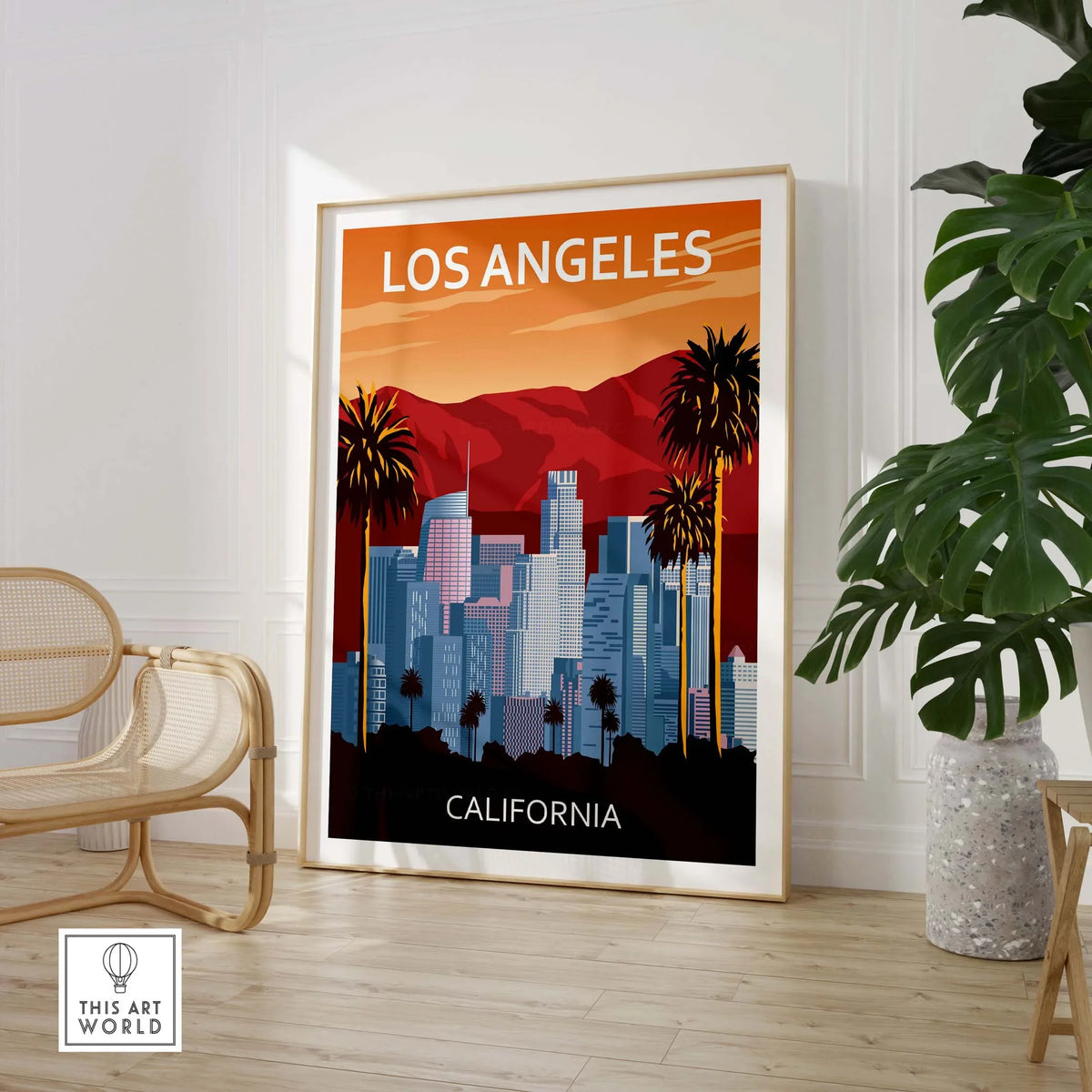 Los Angeles wall art print featuring city skyline and palm trees, ideal for home or office decor.