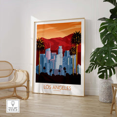 Los Angeles poster print featuring a minimalist city skyline and palm trees, perfect for home or office decor.