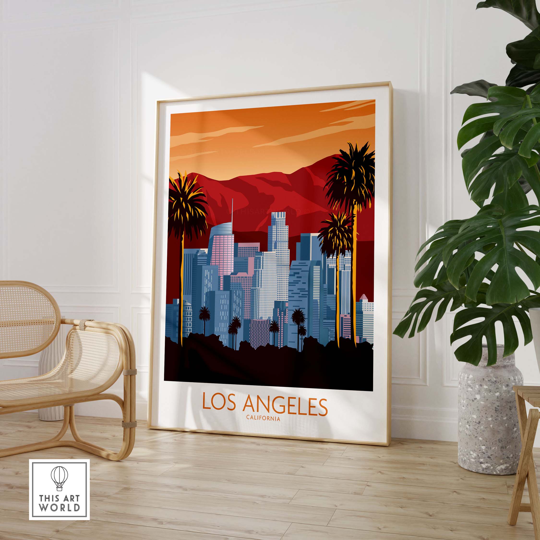 Los Angeles poster print featuring a minimalist city skyline and palm trees, perfect for home or office decor.