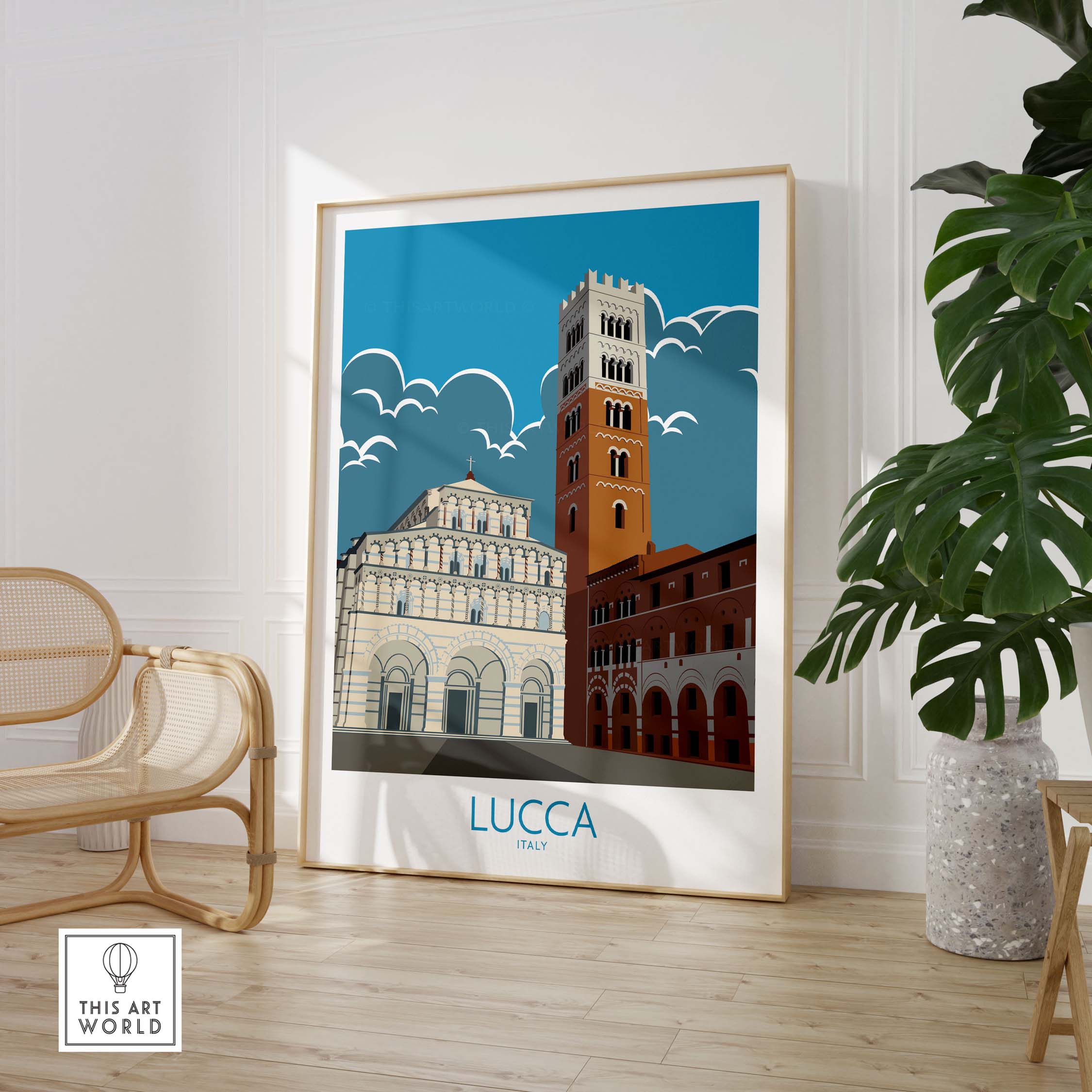 Lucca Print Italy Travel Poster showcasing vintage architectural designs in a stylish home setting.