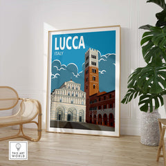 Lucca Italy wall art print showcasing vintage architectural designs in a framed artwork setting.