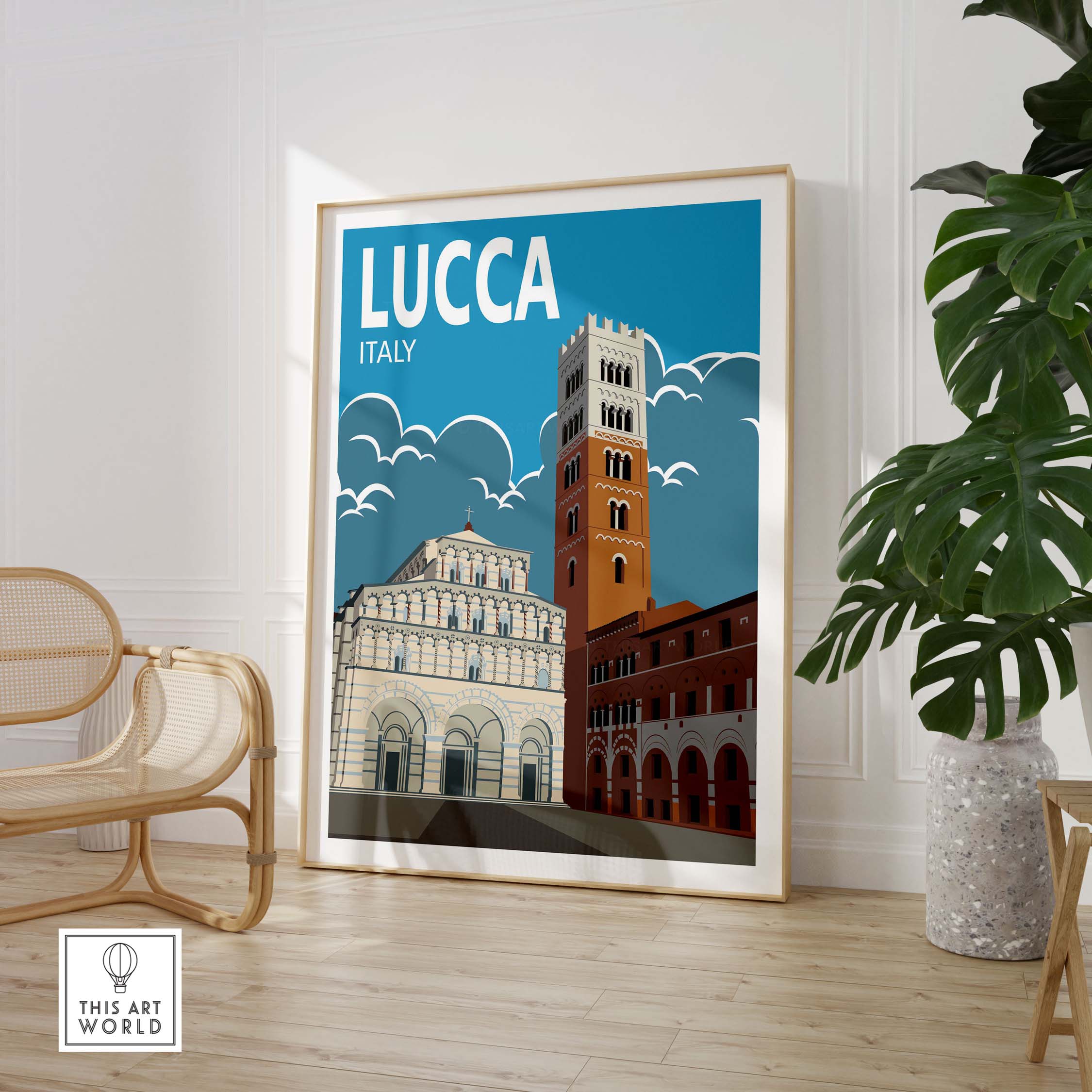 Lucca Italy wall art print showcasing vintage architectural designs in a framed artwork setting.