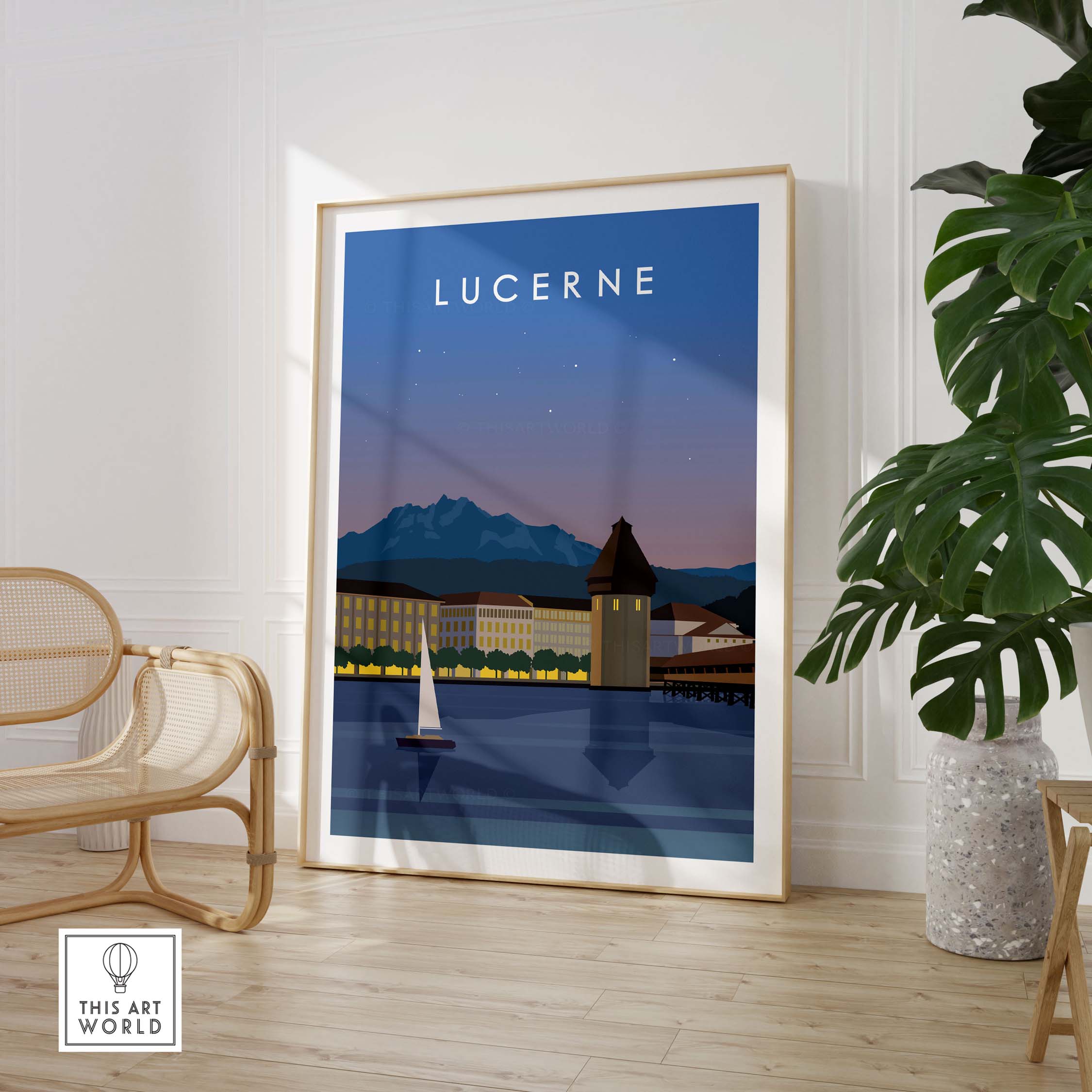 Lucerne Switzerland travel print, framed wall art depicting serene lakeside scene and mountains.