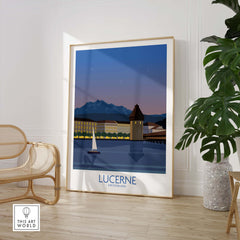 Stylish Lucerne Switzerland poster in a modern setting, showcasing serene lake and mountains, perfect for home decor.