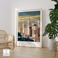 Lyon Poster France Wall Art featuring a vintage style design of Lyon's architecture in a modern interior setting.