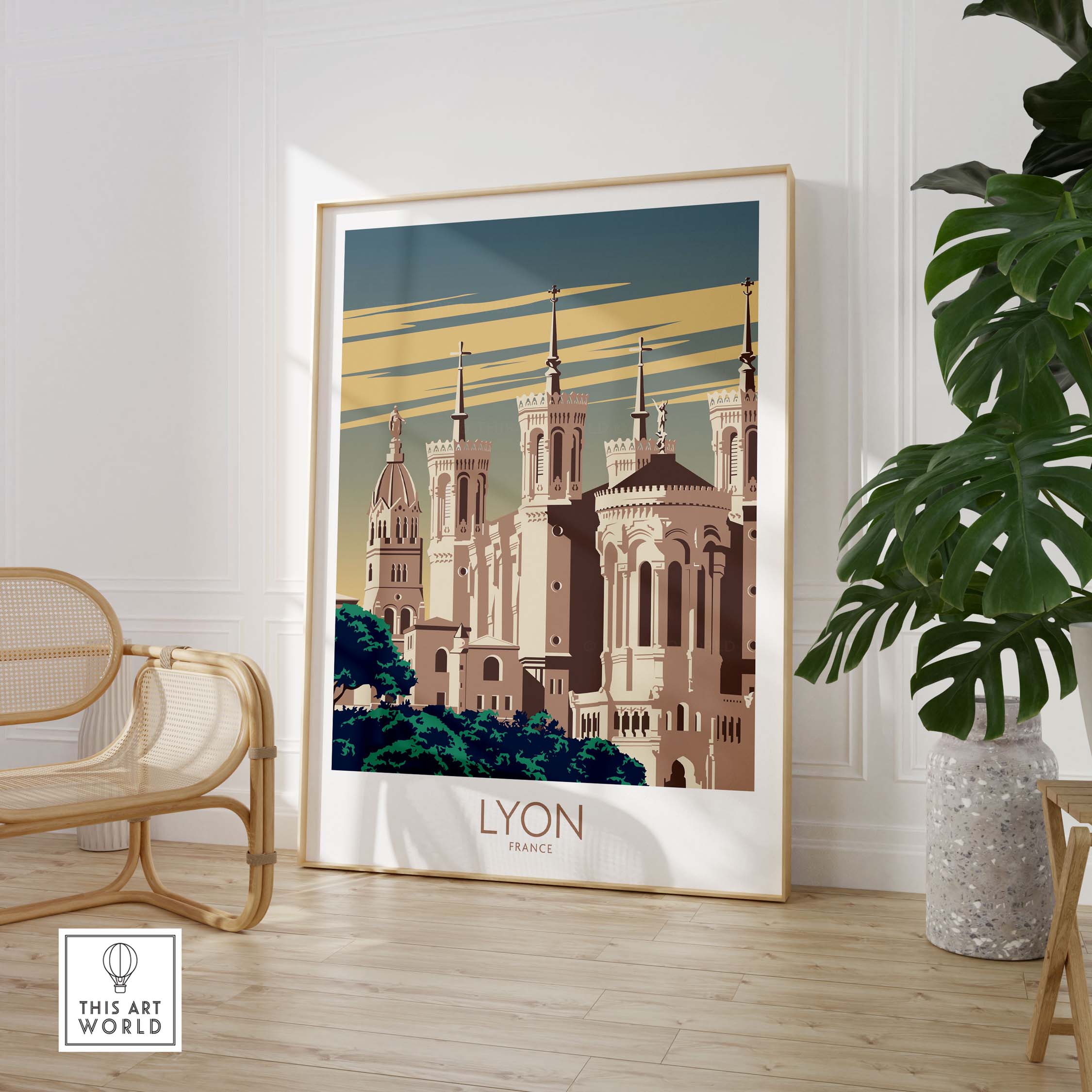 Lyon Poster France Wall Art featuring a vintage style design of Lyon's architecture in a modern interior setting.