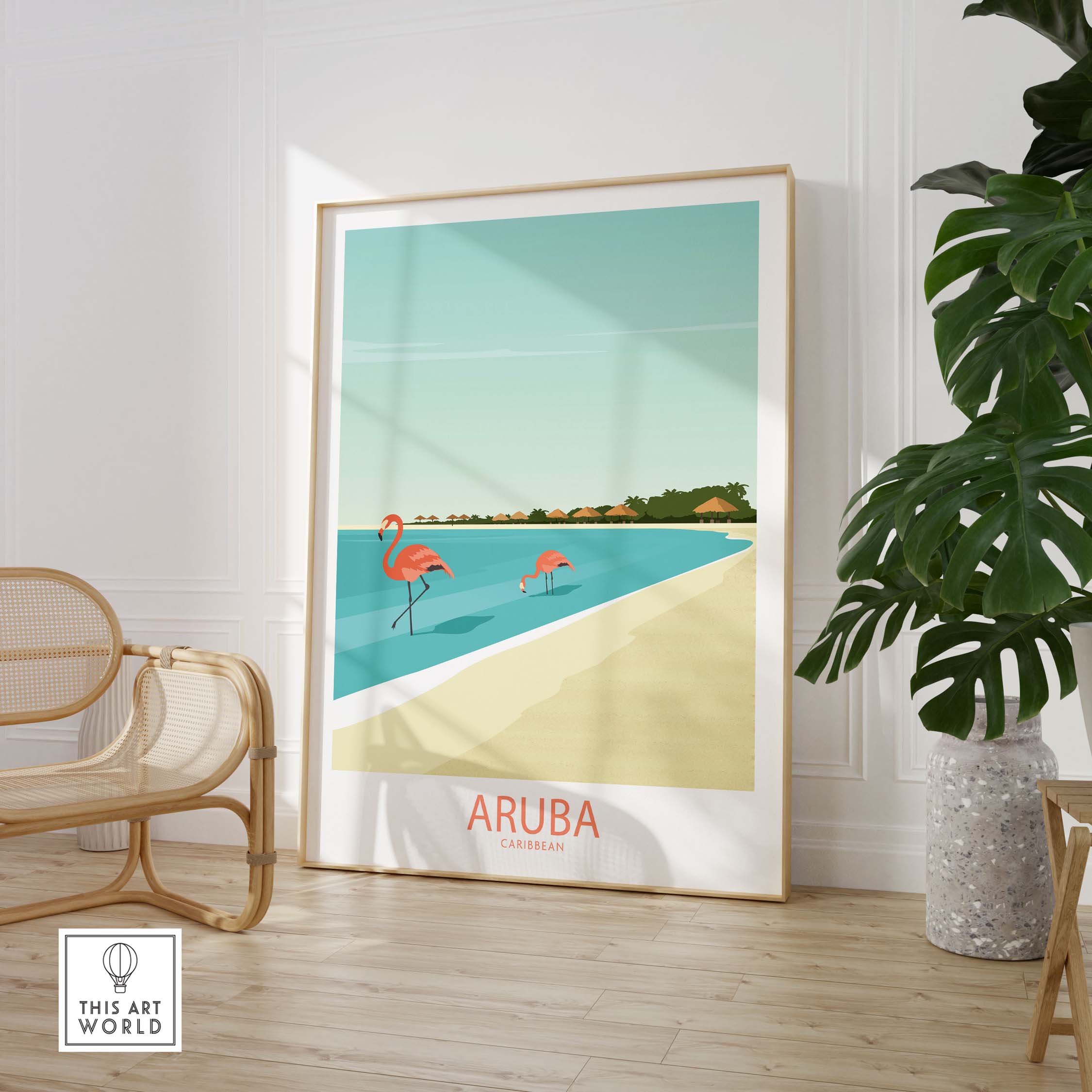 Aruba Caribbean poster featuring flamingos by the beach in a minimalist design, perfect for stylish home decor.