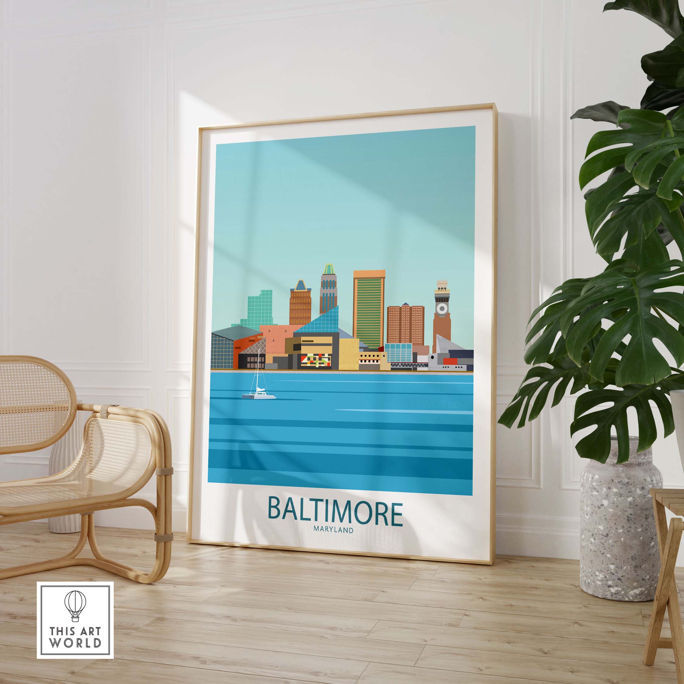 Baltimore poster showcasing Maryland skyline in minimalist style, perfect for home or office decor.
