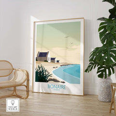 Bonaire Wall Art Print featuring a minimalist design of a beach and house, perfect for travel-inspired decor.