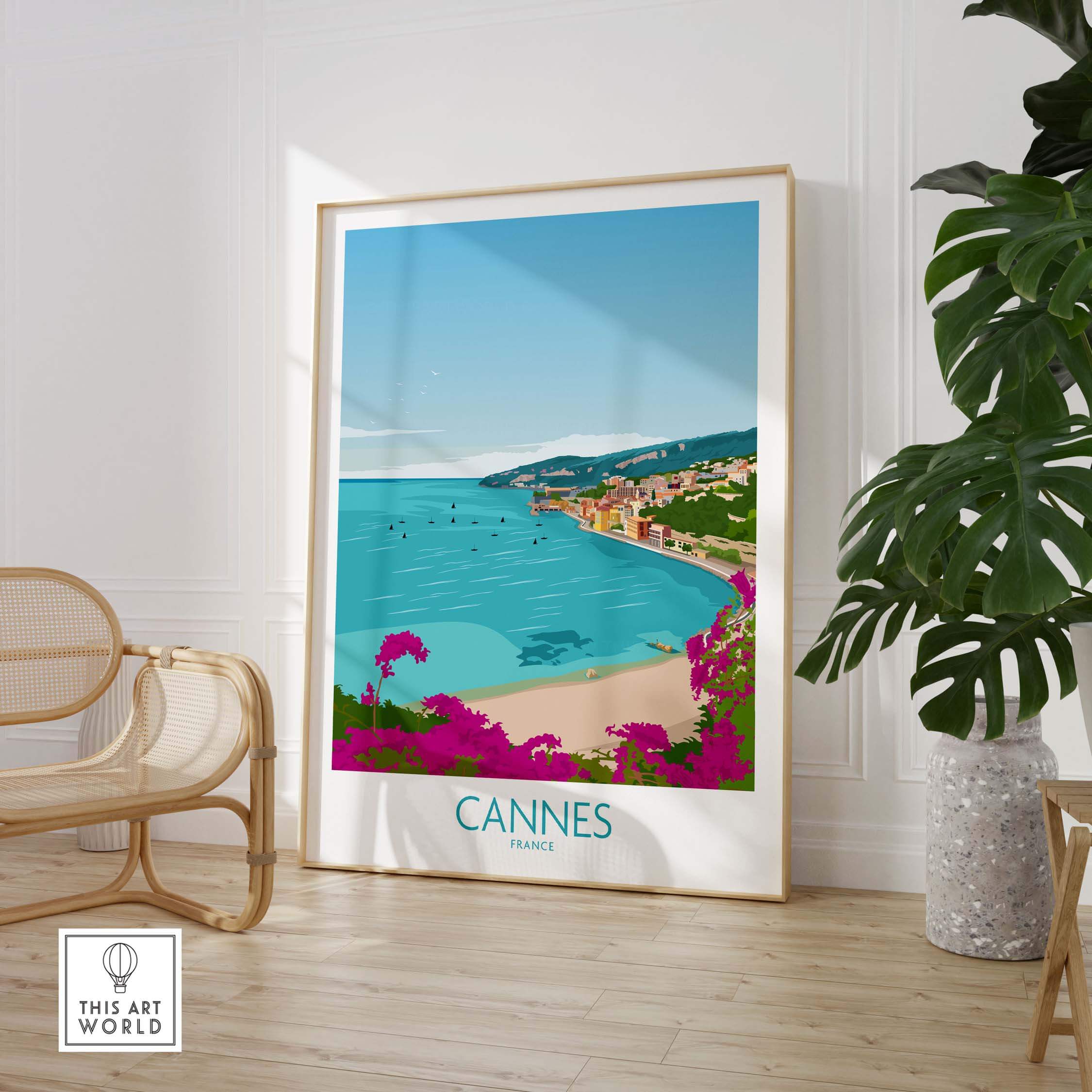 Cannes Print France art poster featuring a scenic beach view, capturing travel nostalgia and minimalist design.