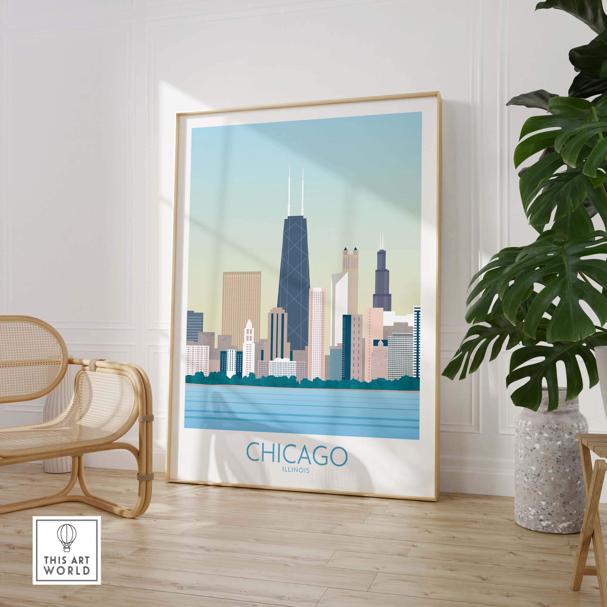 Chicago Skyline Print in a stylish frame, showcasing vintage-inspired travel art for home or office decor.