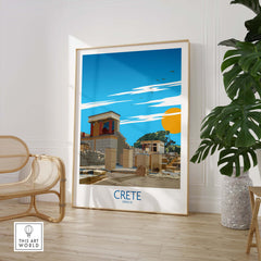 Crete wall art print showcasing a minimalist Greece travel poster with vibrant colors and a sunny sky.
