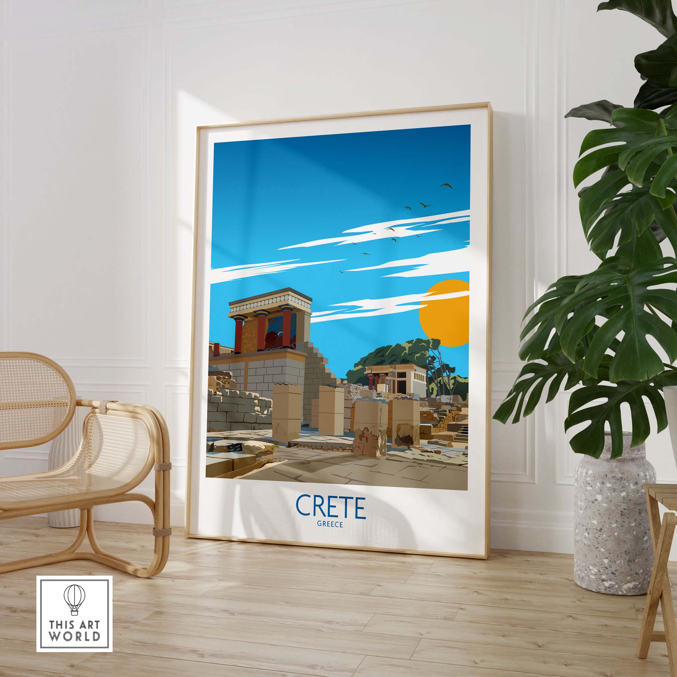 Crete wall art print showcasing a minimalist Greece travel poster with vibrant colors and a sunny sky.