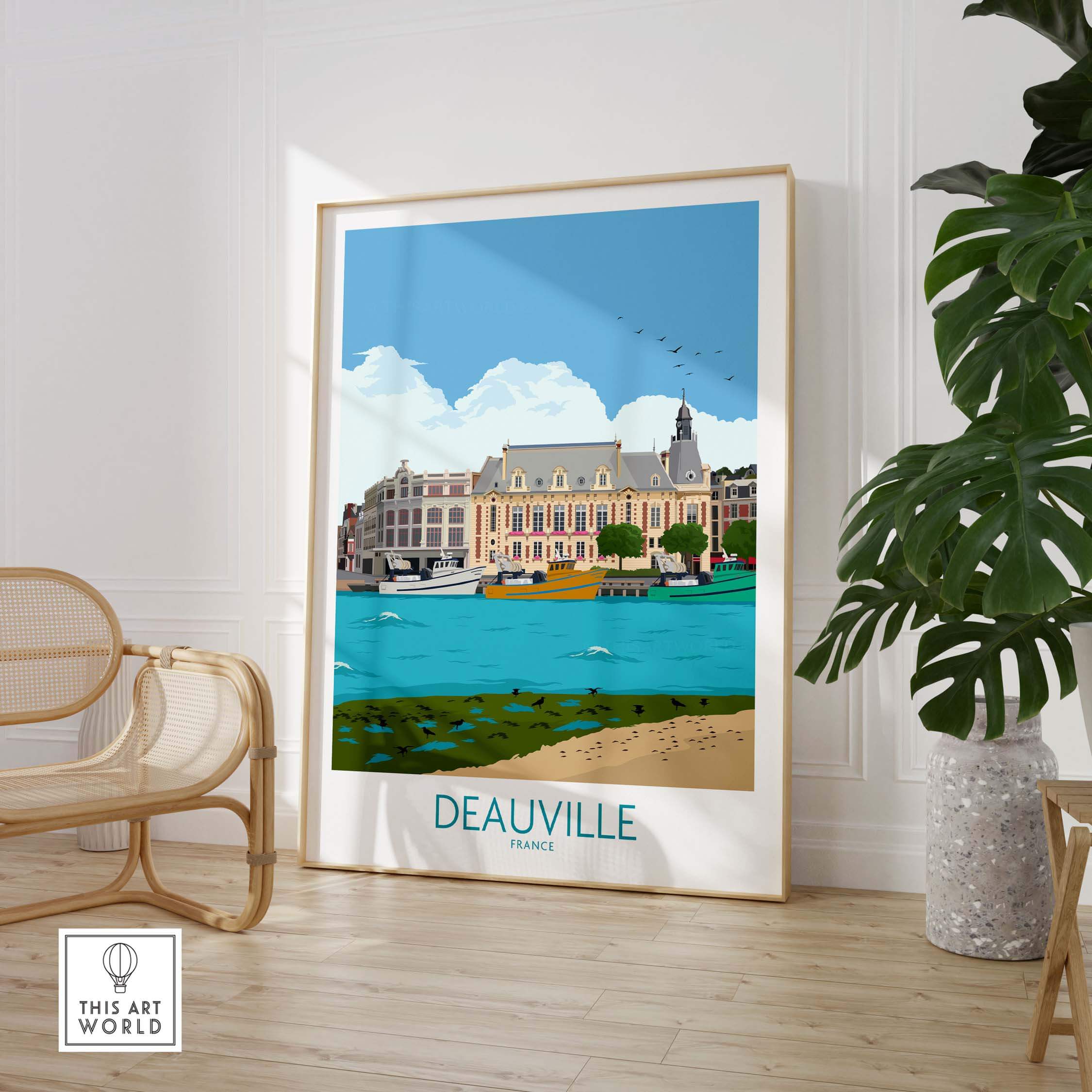 Deauville travel poster art print featuring vibrant colors and minimalist design, perfect for home decor.