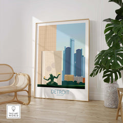 Detroit wall art print featuring minimalist skyline and statue, perfect for home décor and Michigan travel enthusiasts.