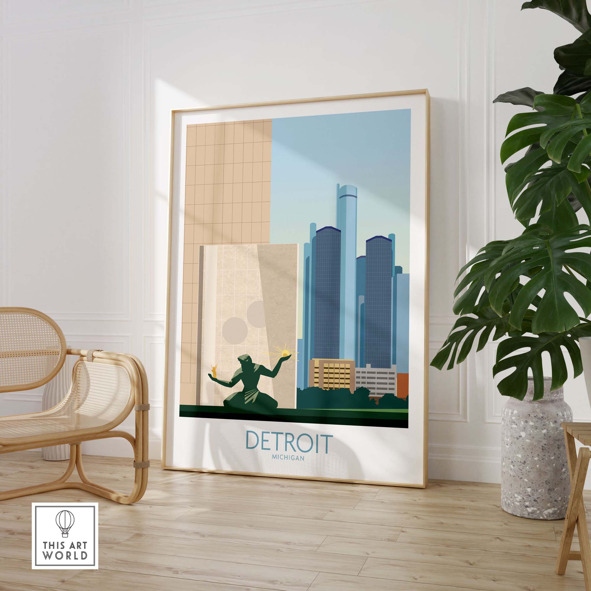 Detroit wall art print featuring minimalist skyline and statue, perfect for home décor and Michigan travel enthusiasts.
