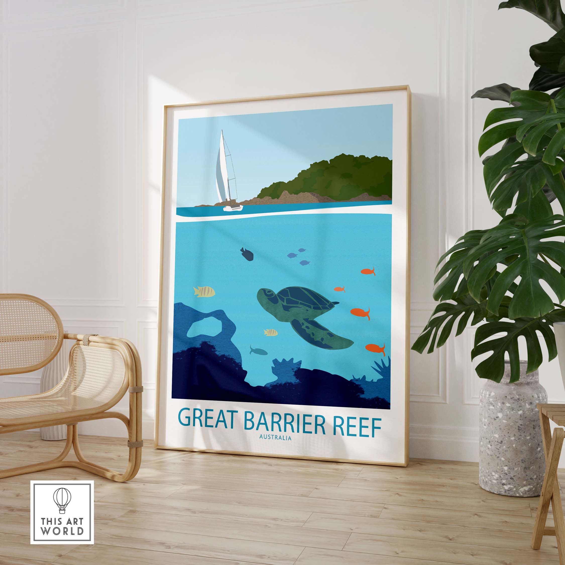 Great Barrier Reef poster featuring a turtle, vibrant colors, sailboat, and minimalist design for stylish home decor.