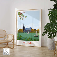 Vintage-inspired Hamburg Germany wall art print showcasing iconic scenery and sailboats in minimalist style.