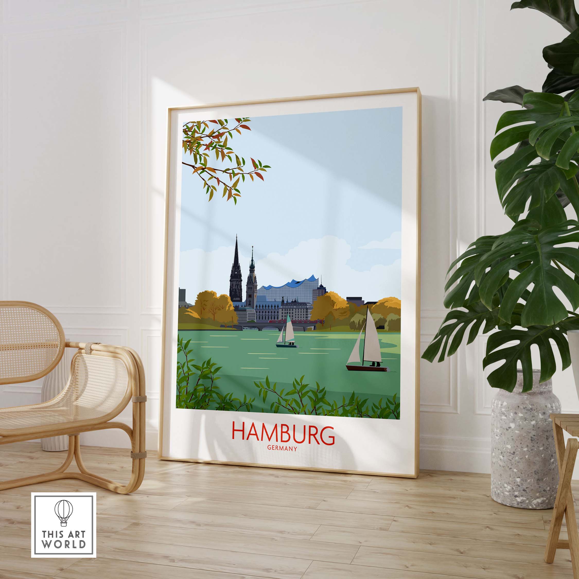Vintage-inspired Hamburg Germany wall art print showcasing iconic scenery and sailboats in minimalist style.