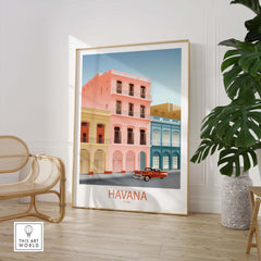 Havana Cuba Wall Art Print showcasing colorful vintage buildings and a classic car, perfect for home decor.
