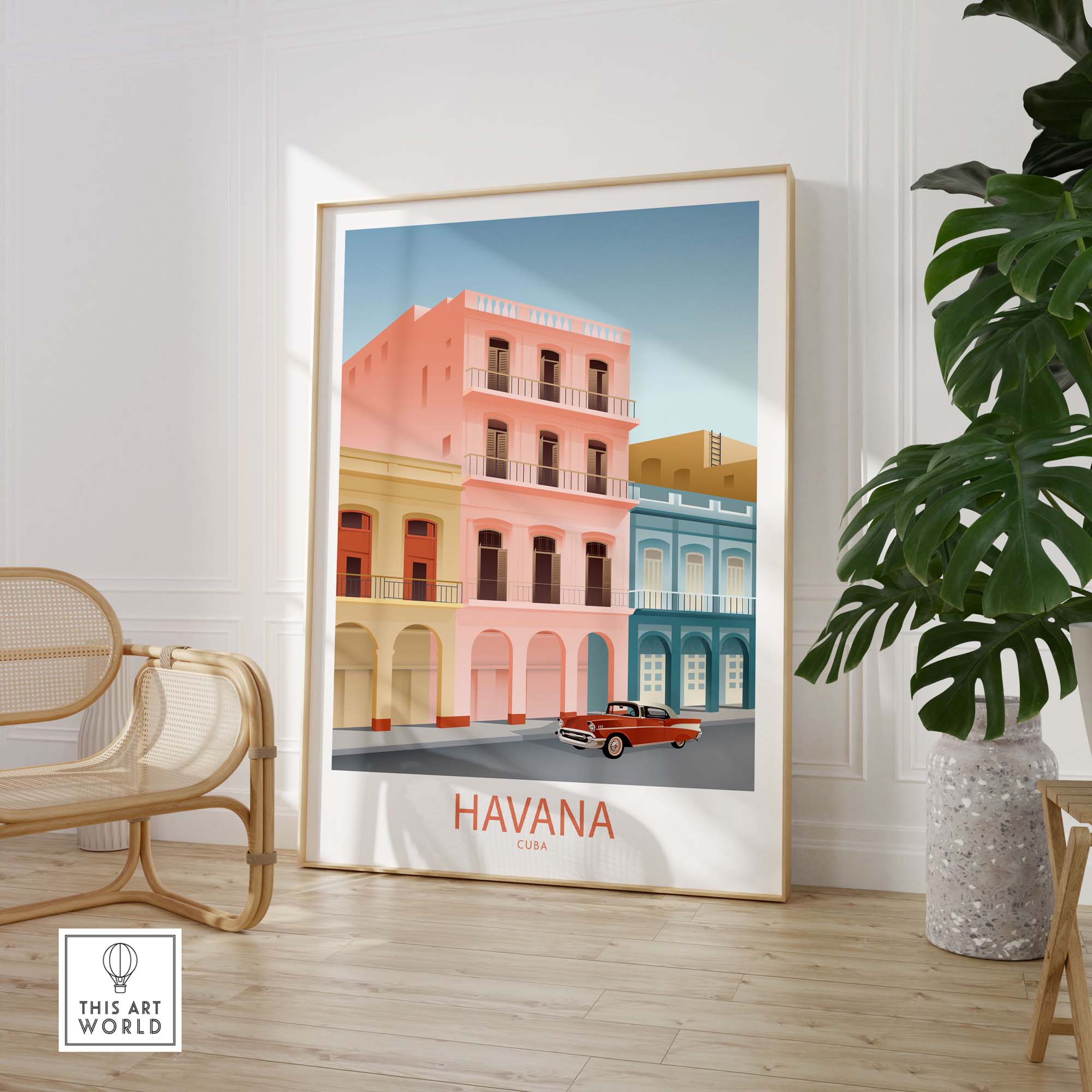 Havana Cuba Wall Art Print showcasing colorful vintage buildings and a classic car, perfect for home decor.