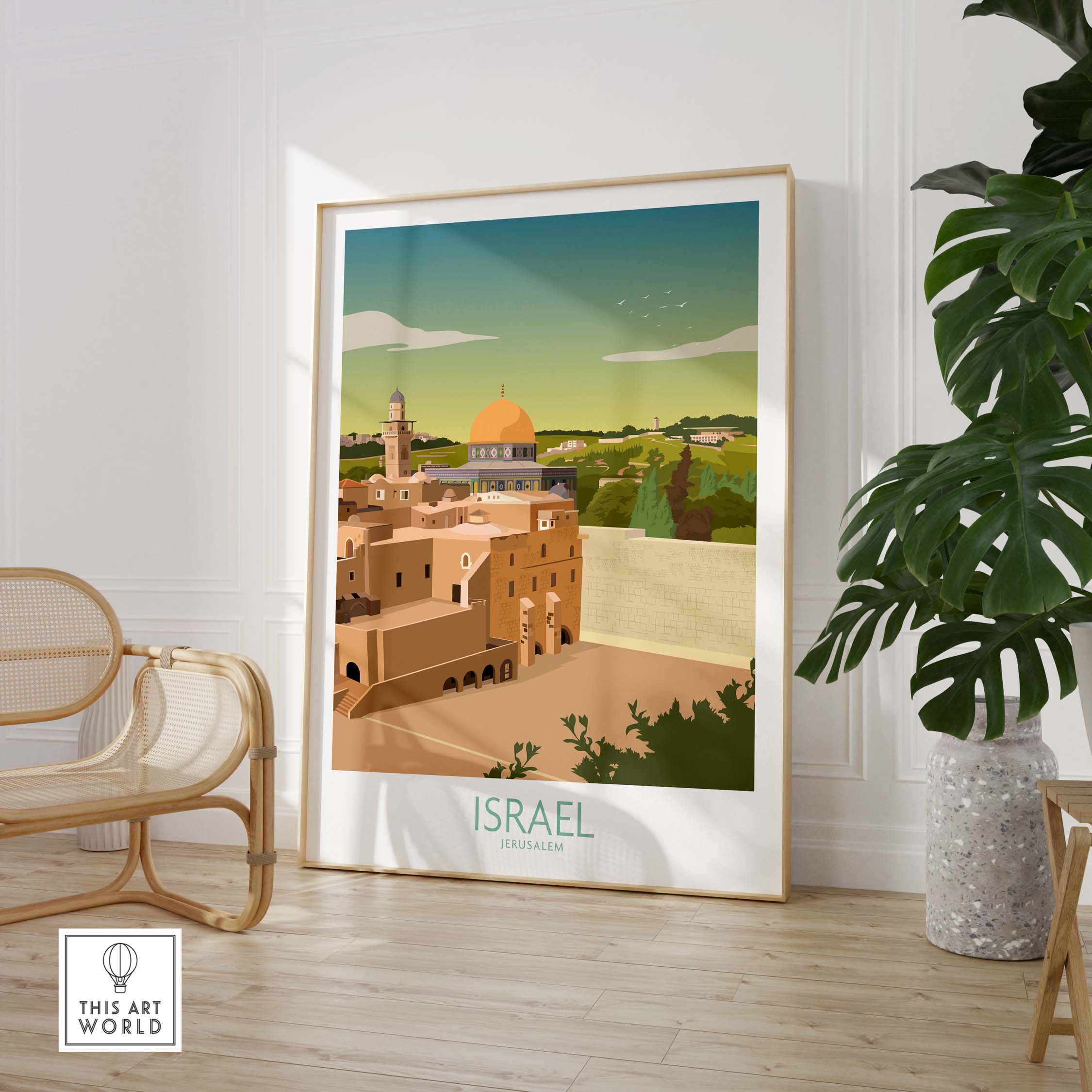 Israel wall art print featuring a minimalist illustration of Jerusalem's landscape in warm colors.