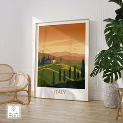 Italy wall art print showing a serene landscape with rolling hills and cypress trees, perfect for travel enthusiasts.