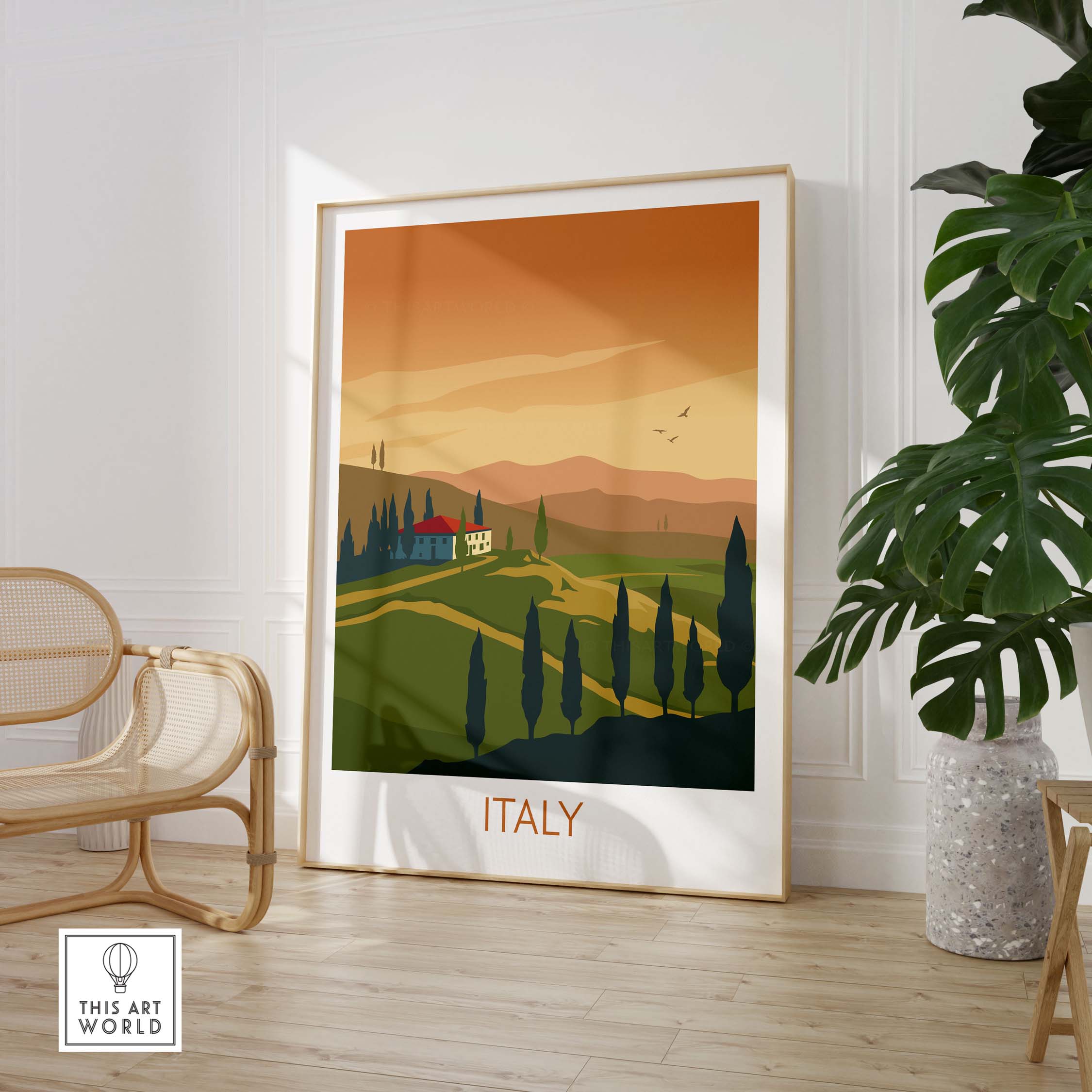 Italy wall art print showing a serene landscape with rolling hills and cypress trees, perfect for travel enthusiasts.