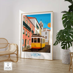Lisbon wall art print featuring a vintage tram in a colorful city scene, perfect for travel lovers and home decor.