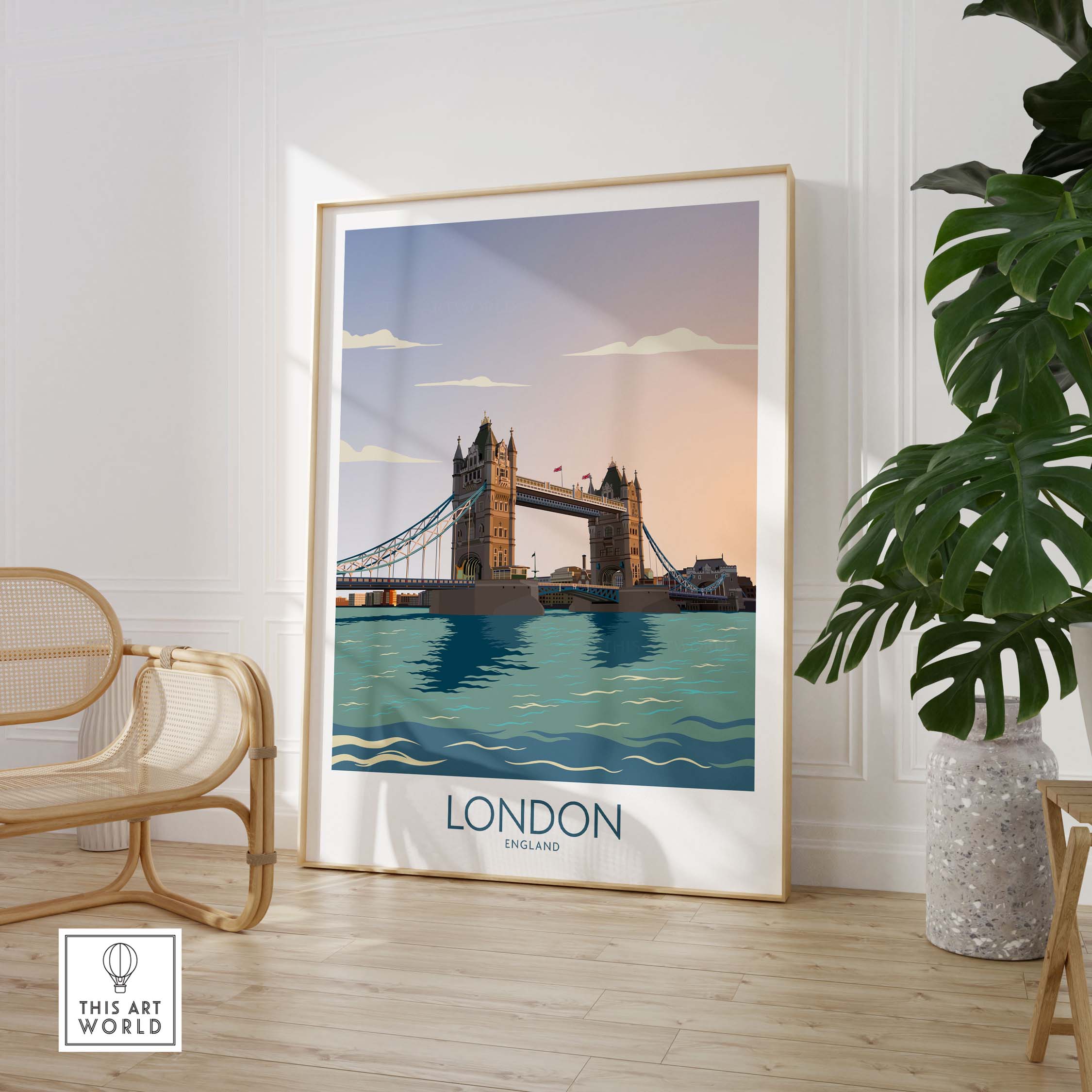London wall art print featuring Tower Bridge, minimalist England travel poster for home decor.
