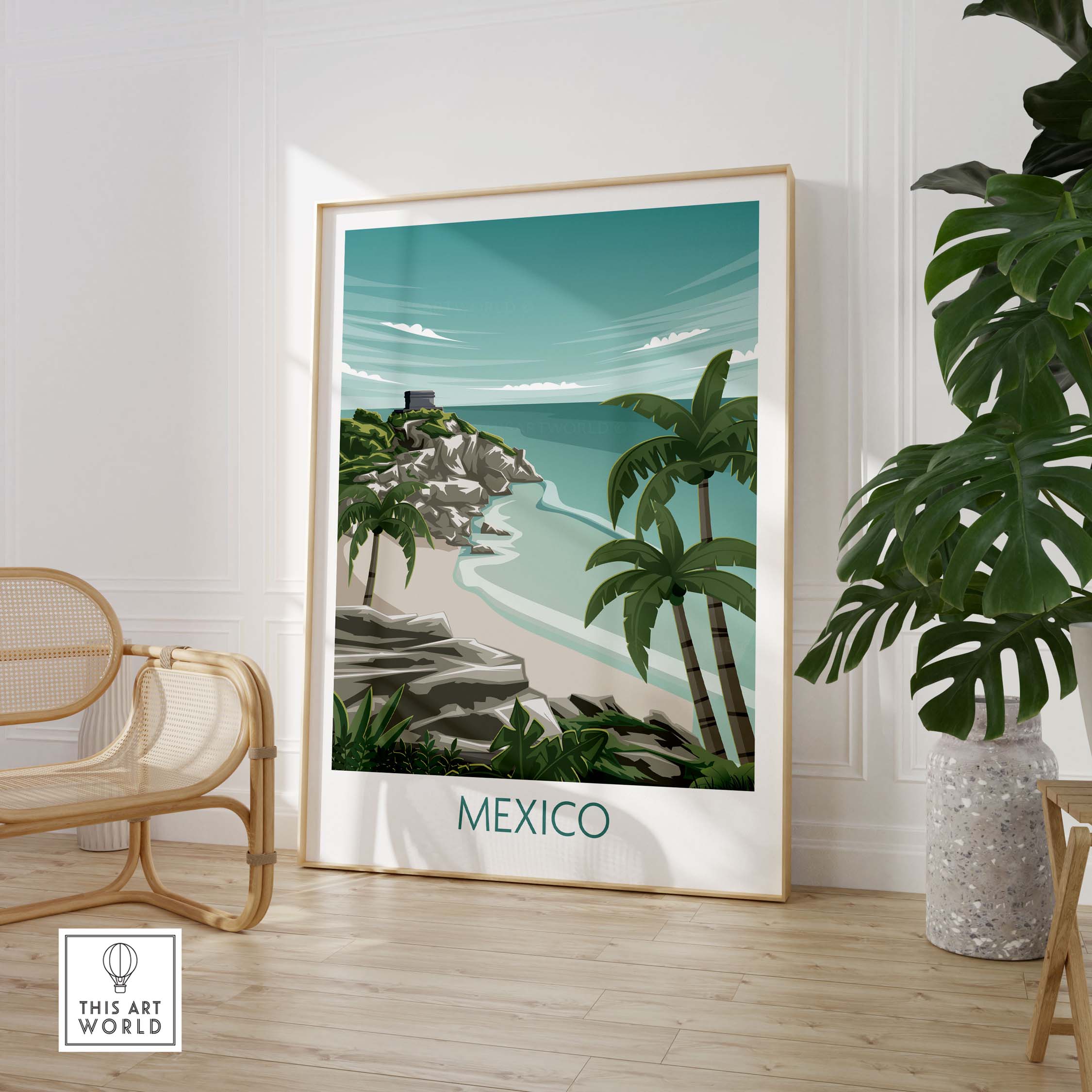 Mexico wall art print featuring a coastal scene with palm trees in a minimalist style, perfect for home decor.