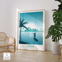 Miami Wall Art Print featuring a minimalist design with a paddleboarder and city skyline, perfect for travel enthusiasts.