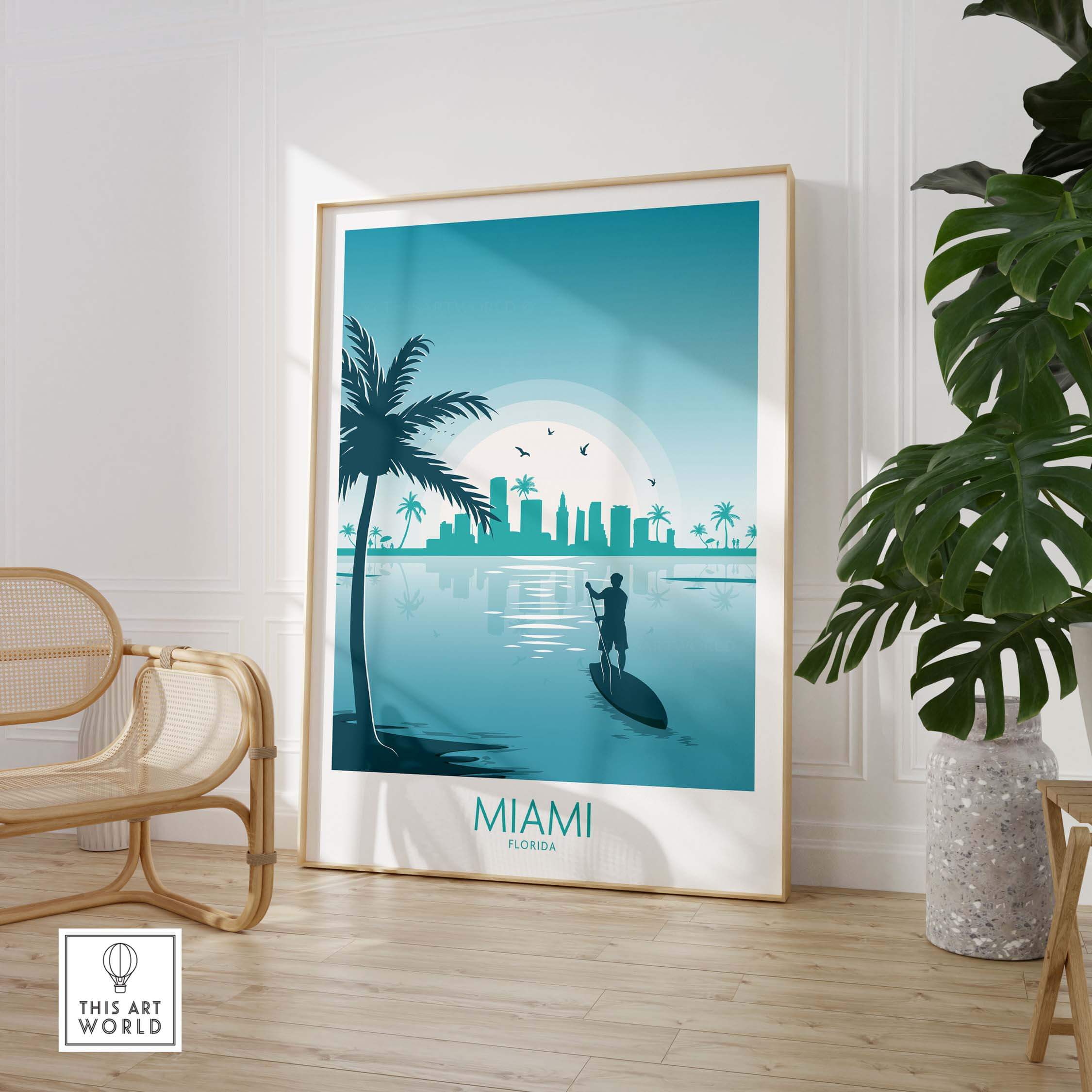 Miami Wall Art Print featuring a minimalist design with a paddleboarder and city skyline, perfect for travel enthusiasts.