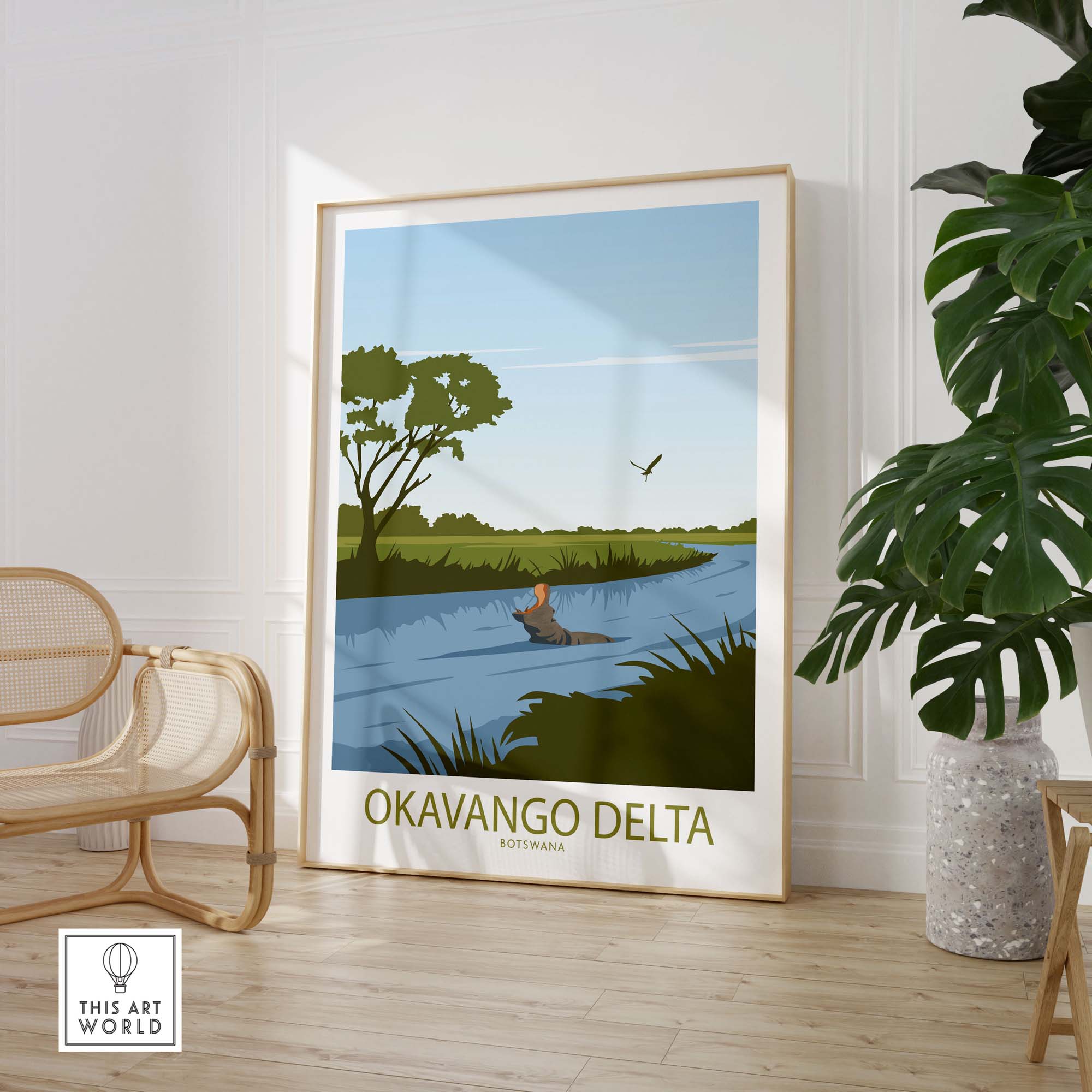 Okavango Delta poster artwork showcasing a serene river scene in Botswana, framed art for travel enthusiasts.