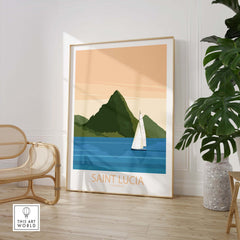 Saint Lucia Caribbean poster featuring a sailboat and lush mountains in a minimalist style, ideal for home decor.