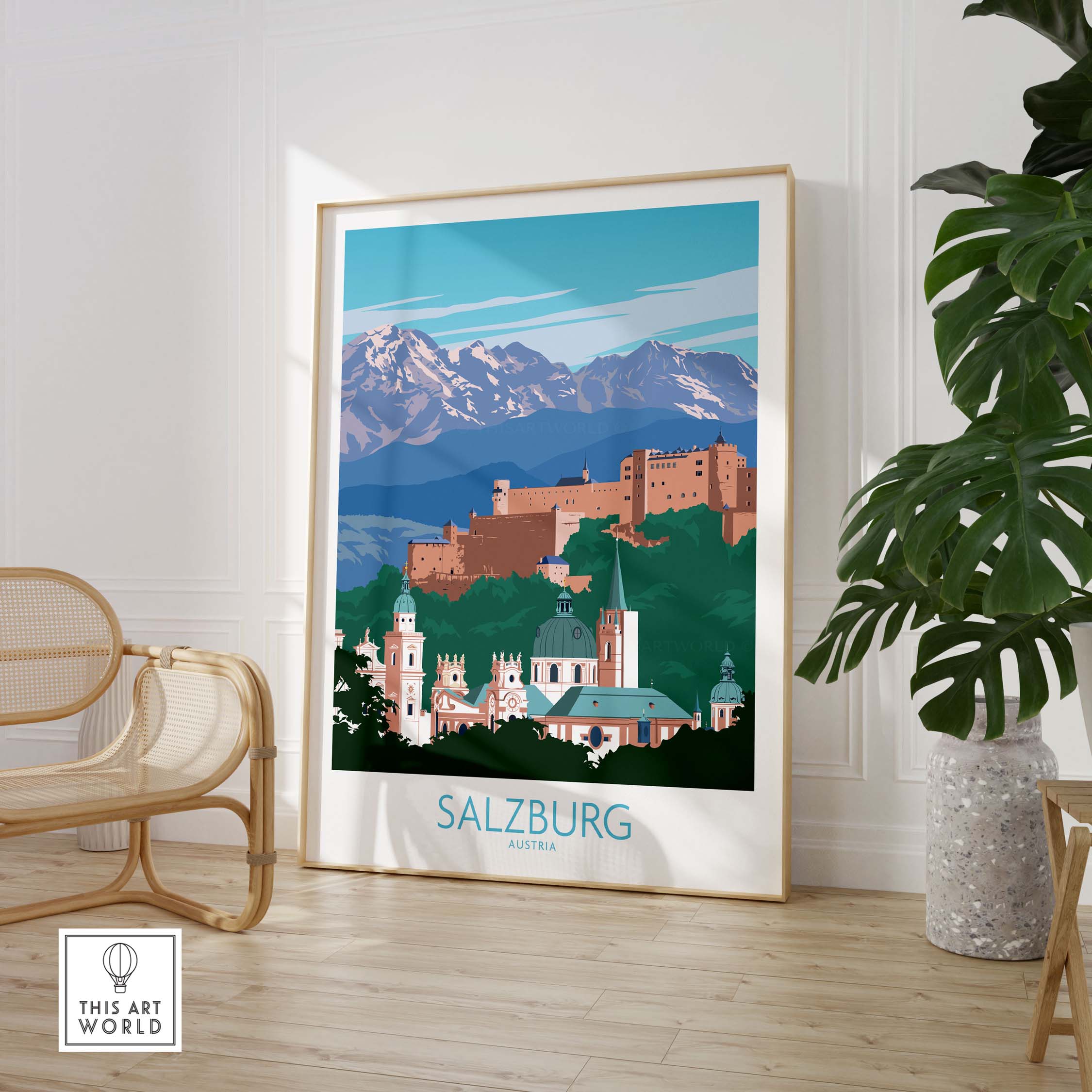 Salzburg Wall Art Print showcasing a vibrant illustration of Salzburg, Austria with mountains in the background.