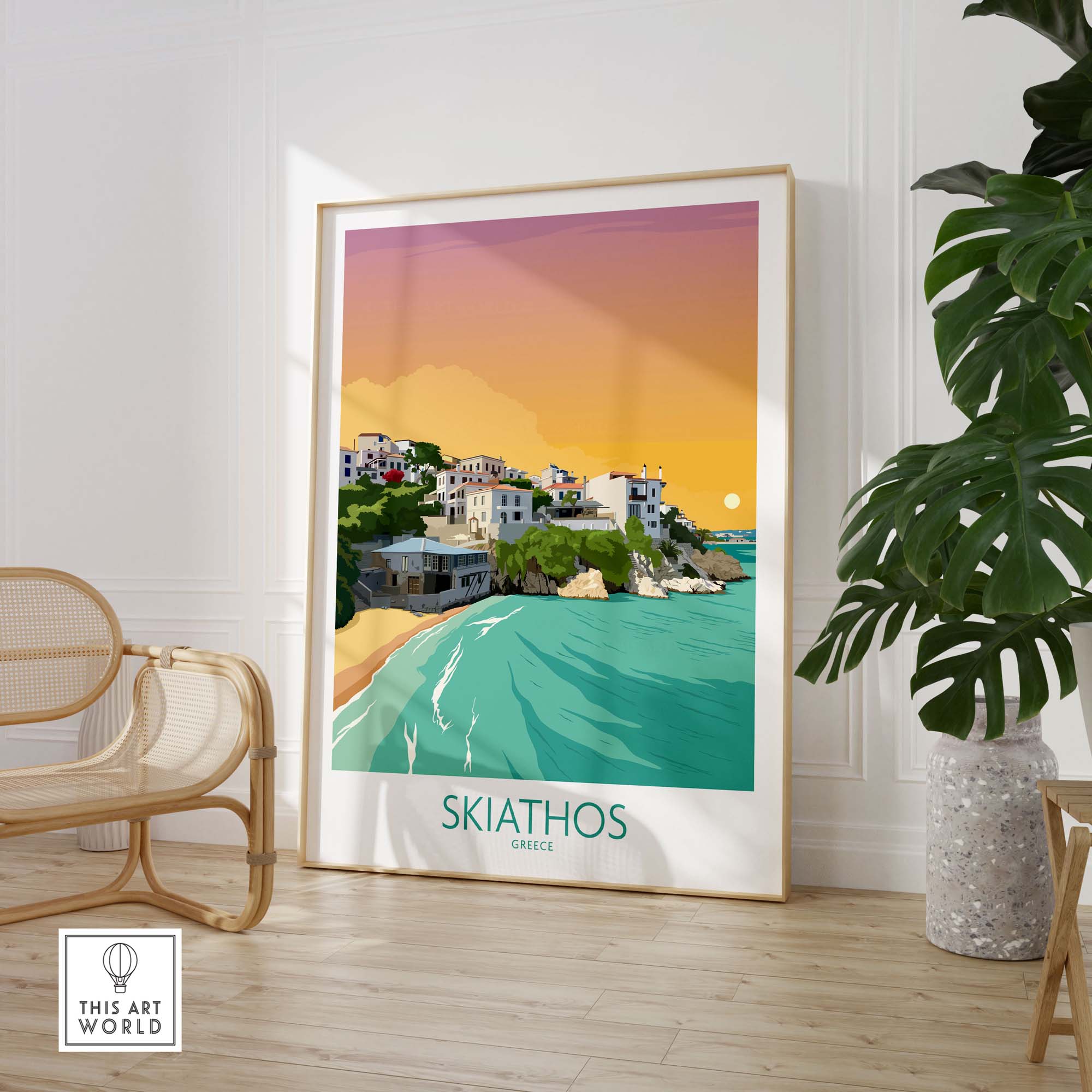 Skiathos wall art print featuring a colorful seaside landscape in Greece, ideal for home or office decor.