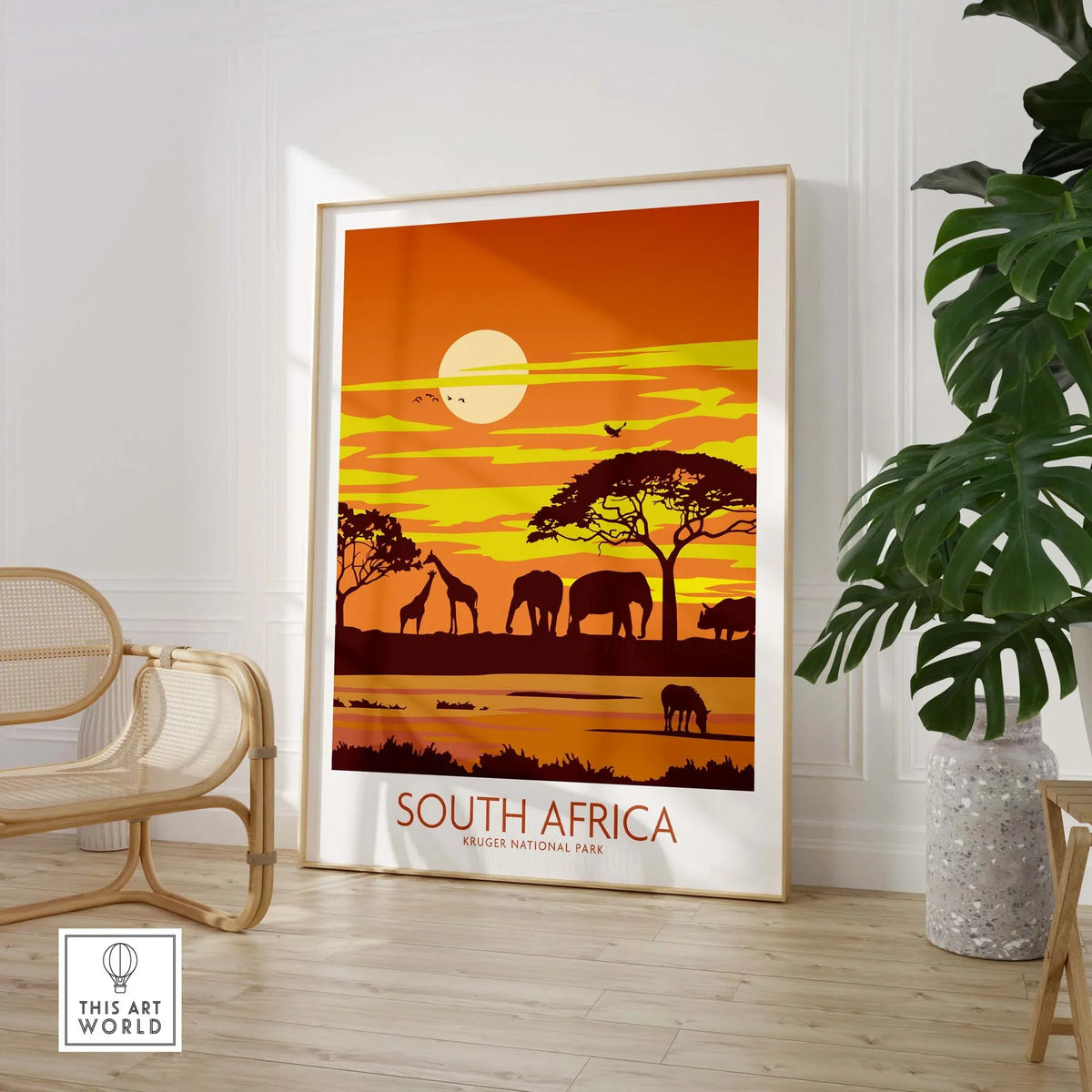 South Africa Print featuring Kruger National Park with elephants and giraffes under a sunset, minimalist wall art.