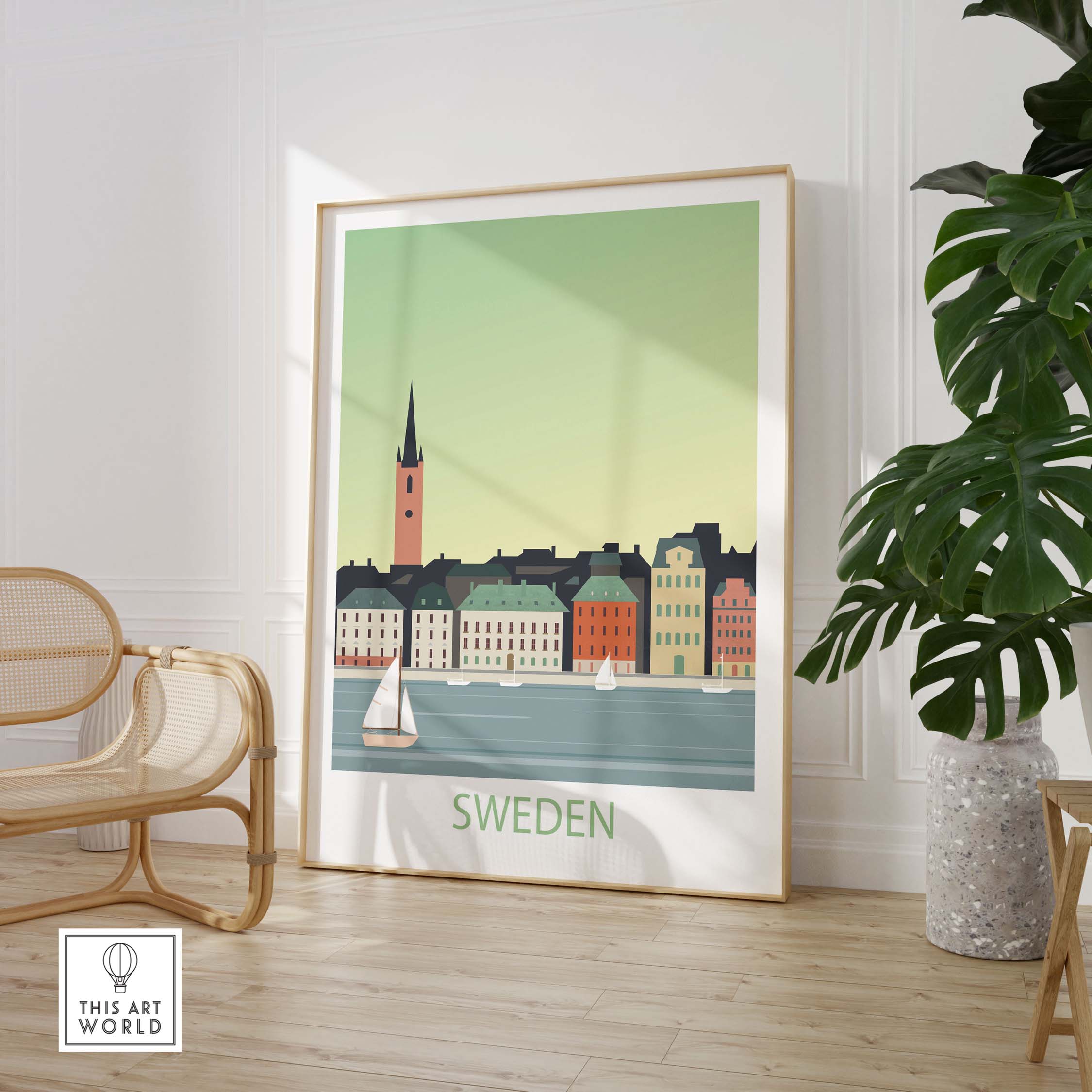 Sweden Poster Print featuring a colorful waterfront scene with boats, modern minimalist style, perfect for home decor.