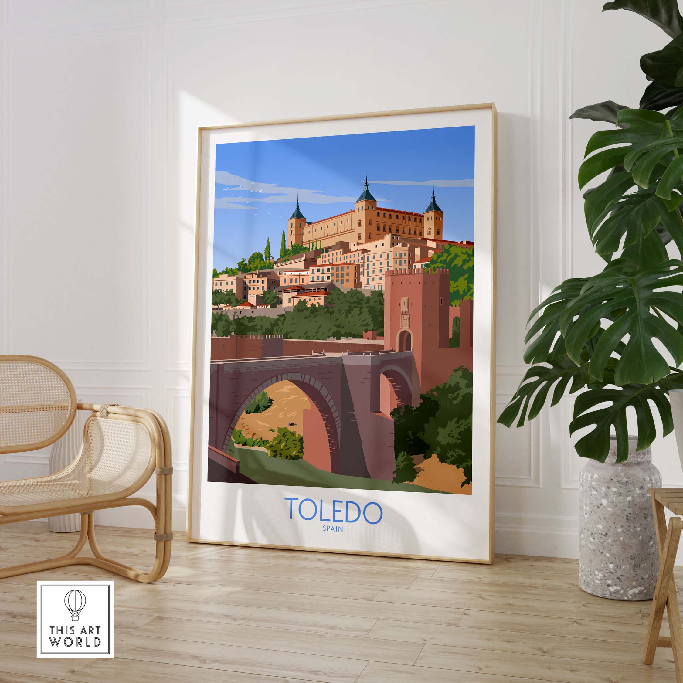 Toledo Wall Art Print showcasing a scenic view of Toledo, Spain, in a minimalist vintage travel poster style.