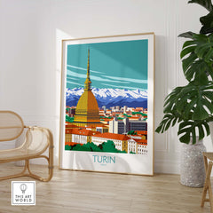 Turin Wall Art Print depicting the city skyline and mountains, perfect for travel enthusiasts and stylish home decor.