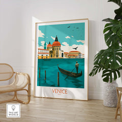 Venice Italy poster print featuring a gondola and vibrant cityscape, perfect for travel-inspired home decor.
