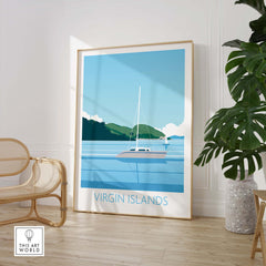 Virgin Islands wall art print featuring a sailboat and serene coastal landscape, perfect for home or office decor.