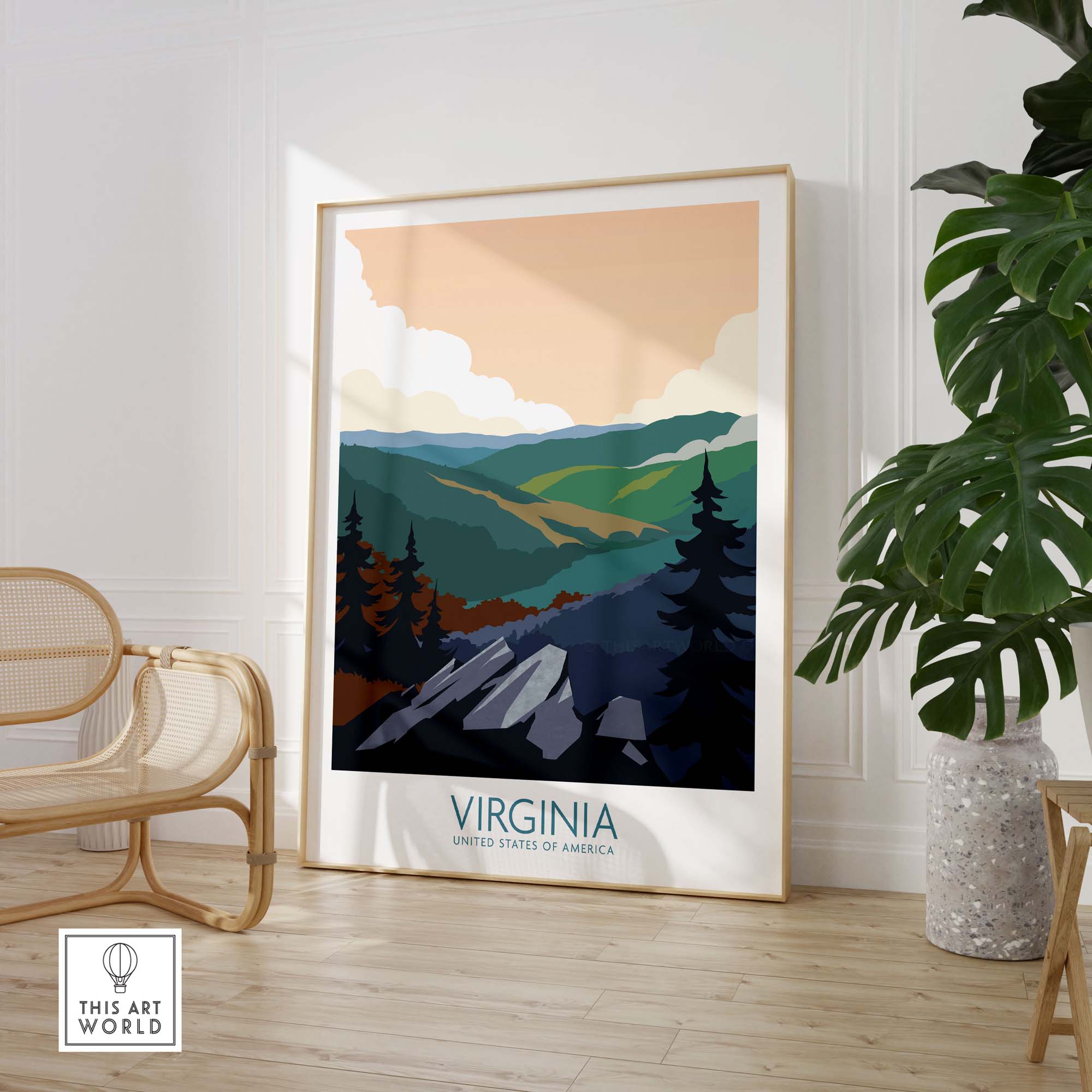 Virginia Wall Art Print featuring mountains, trees, and vintage travel poster style for home or office decor.