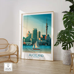 Auckland wall art print showcasing a city skyline with a sailboat in the foreground, inspired by vintage travel posters.