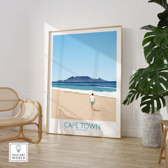 Cape Town wall art print featuring a beach scene with Table Mountain, minimalistic design for home decor.