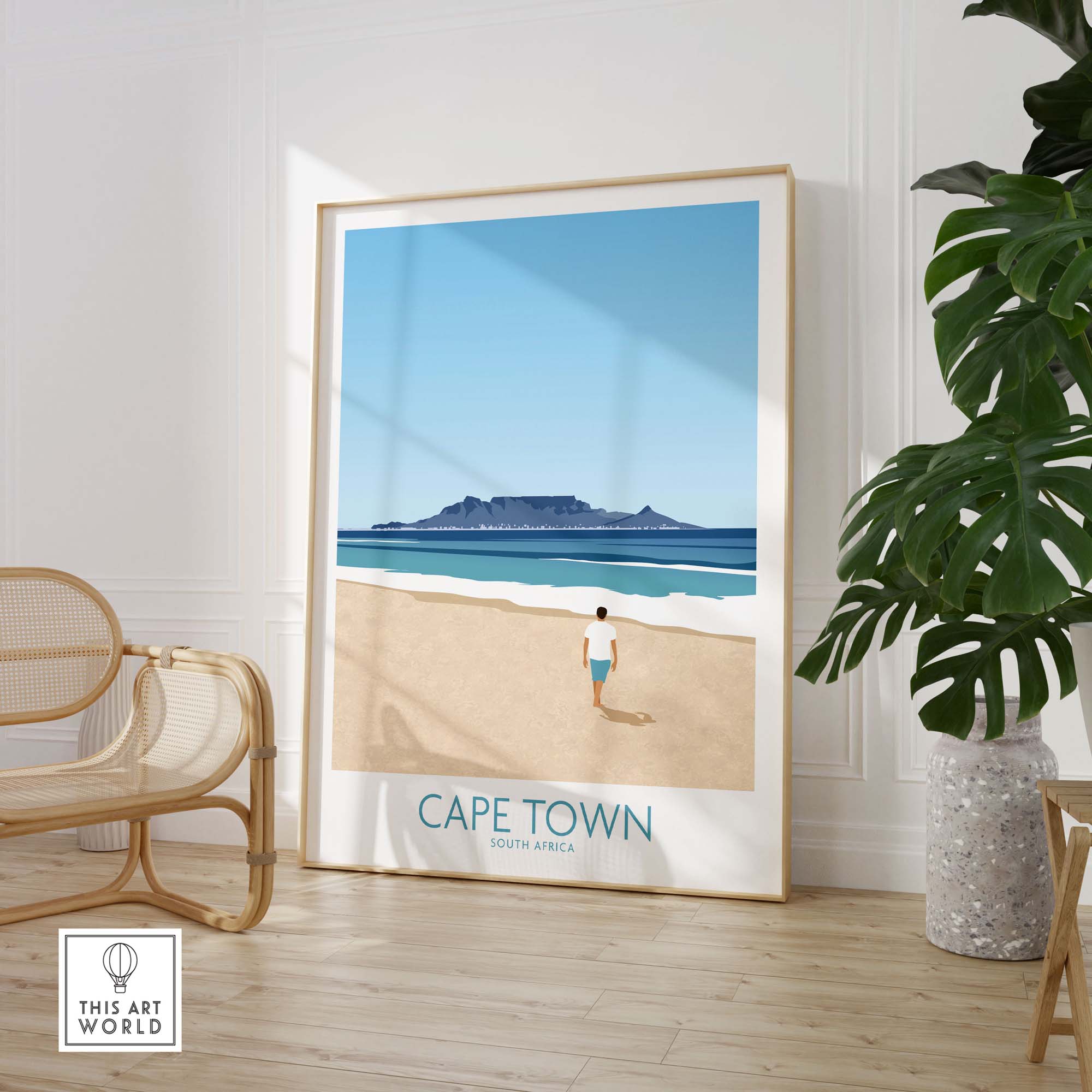 Cape Town wall art print featuring a beach scene with Table Mountain, minimalistic design for home decor.